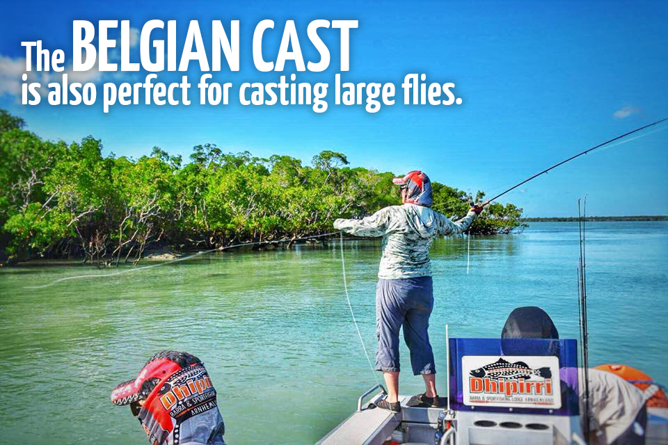 Jo Starling using the Belgian cast in Arnhemland, to safely cast large flies © Fishotopia.com 2019