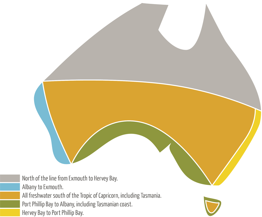 This is a Map and key to the Aussie Anglers Almanac Regions. Grey denotes the region north of the line from Exmouth to Hervey Bay. Blue denotes the coastal region stretching from Albany to Exmouth in Western Australia. Orange denotes all freshwater fishing south of the Tropic Of Capricorn, including Tasmania. Green denotes the southern coastal region stretching from Port Phillip Bay in Victoria to Albany in Western Australia. Yellow denotes the eastern seaboard from Hervey Bay in Queensland to Port Phillip Bay in Victoria. Fishotopia.