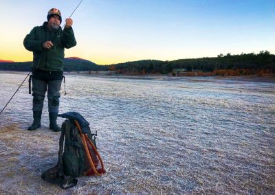 Starlo gets ready for a frosty morning fish.