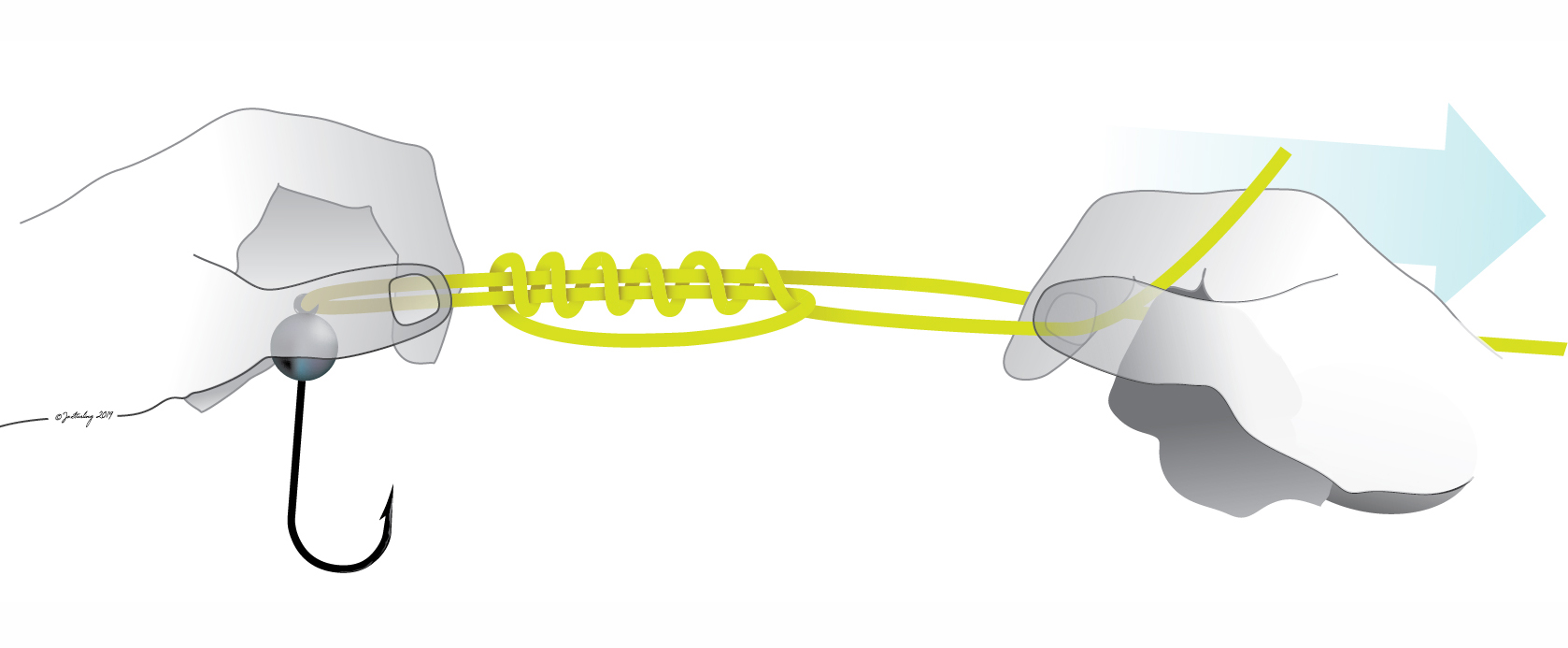 step three in how to tie a uni knot. Pull the tag away from the hook, fly or lure, while holding it still in the other hand. As the knot begins to close and tighten on itself, lubricate the wraps generously with saliva or water, then continue pulling it tight. © Fishotopia.com