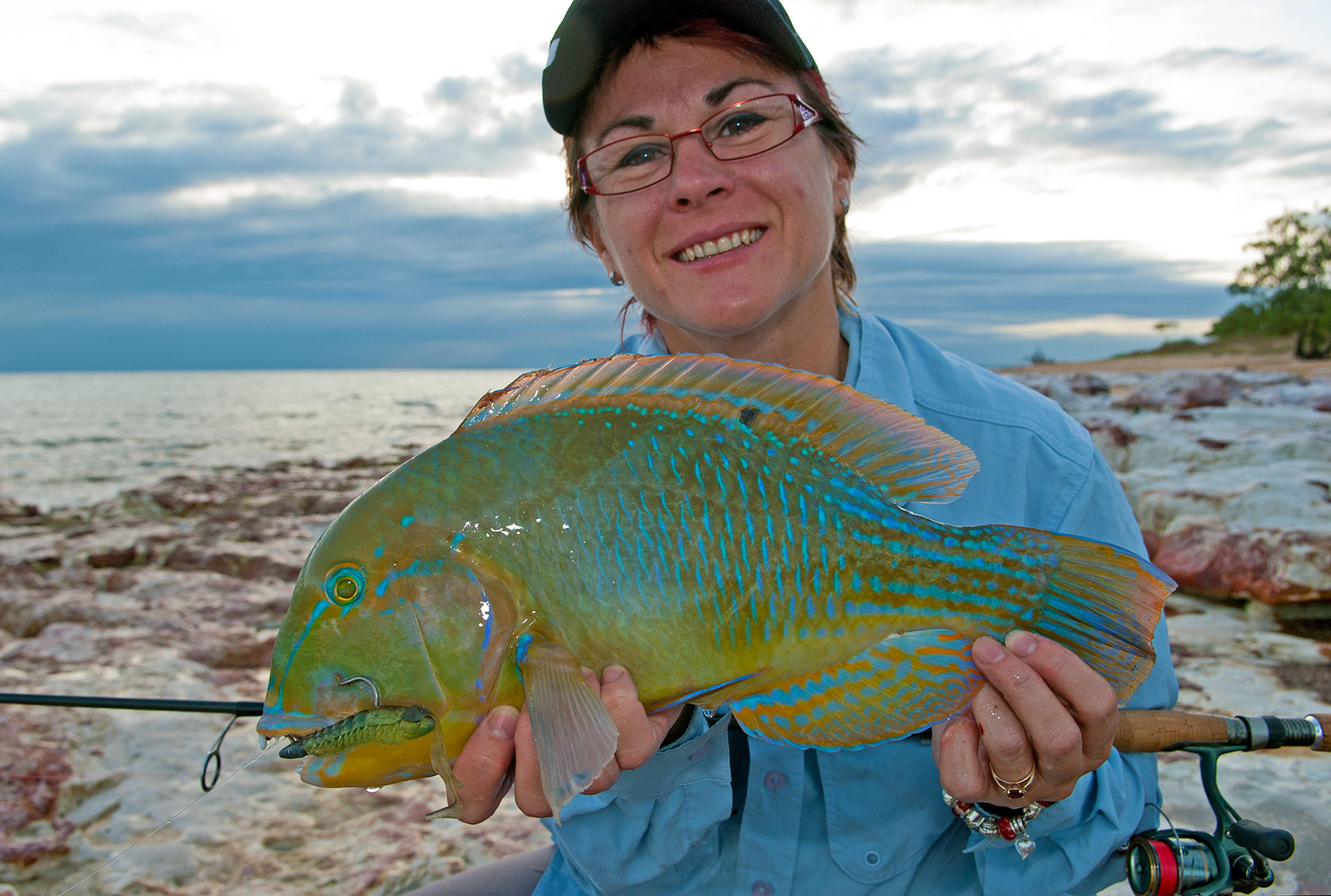 Jo with a beautiful black-spot tuskfish taken from the rocks at Wagait Beach, across the Harbour from Darwin.
