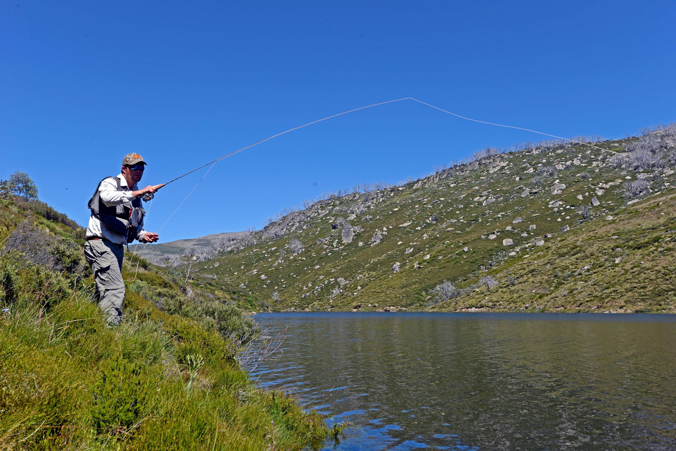 Guthega Pondage is well suited to shore-based fly fishing.
