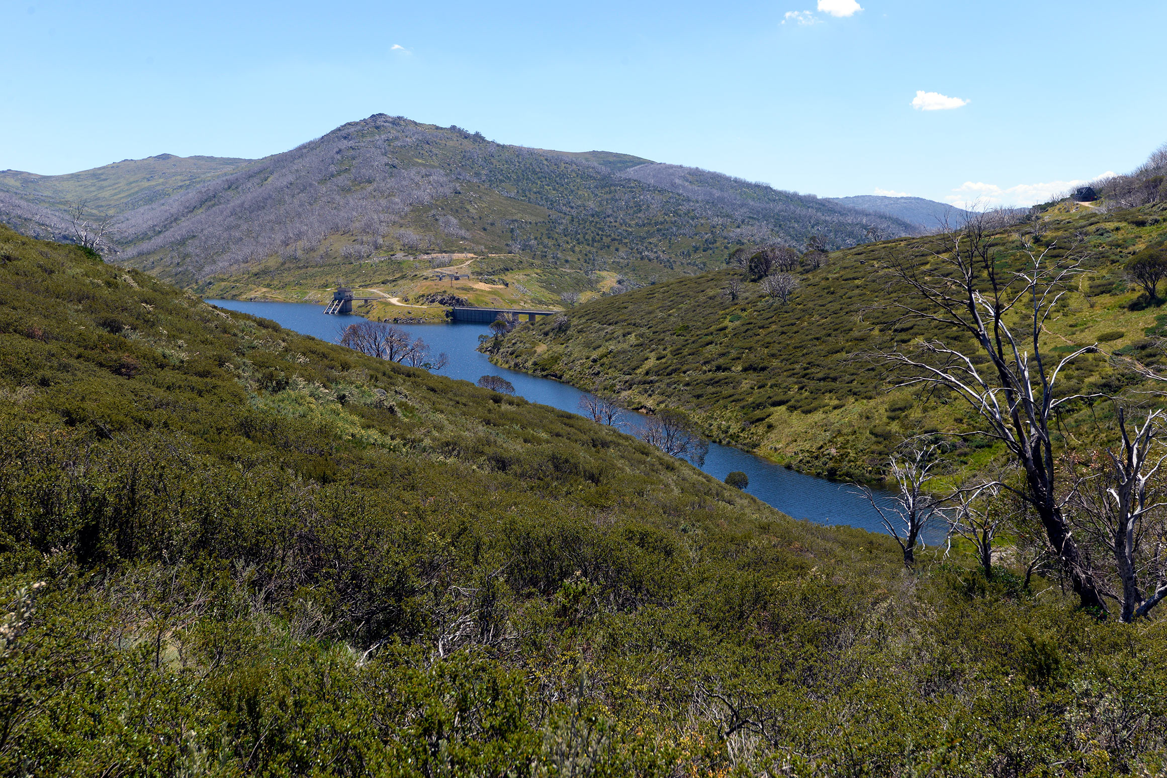 Looking across the Blue Cow Creek arm, with the dam wall and outlet beyond, from the Illawong hiking trail, which offers access to the upper reaches of Guthega Pondage’s Snowy River arm.