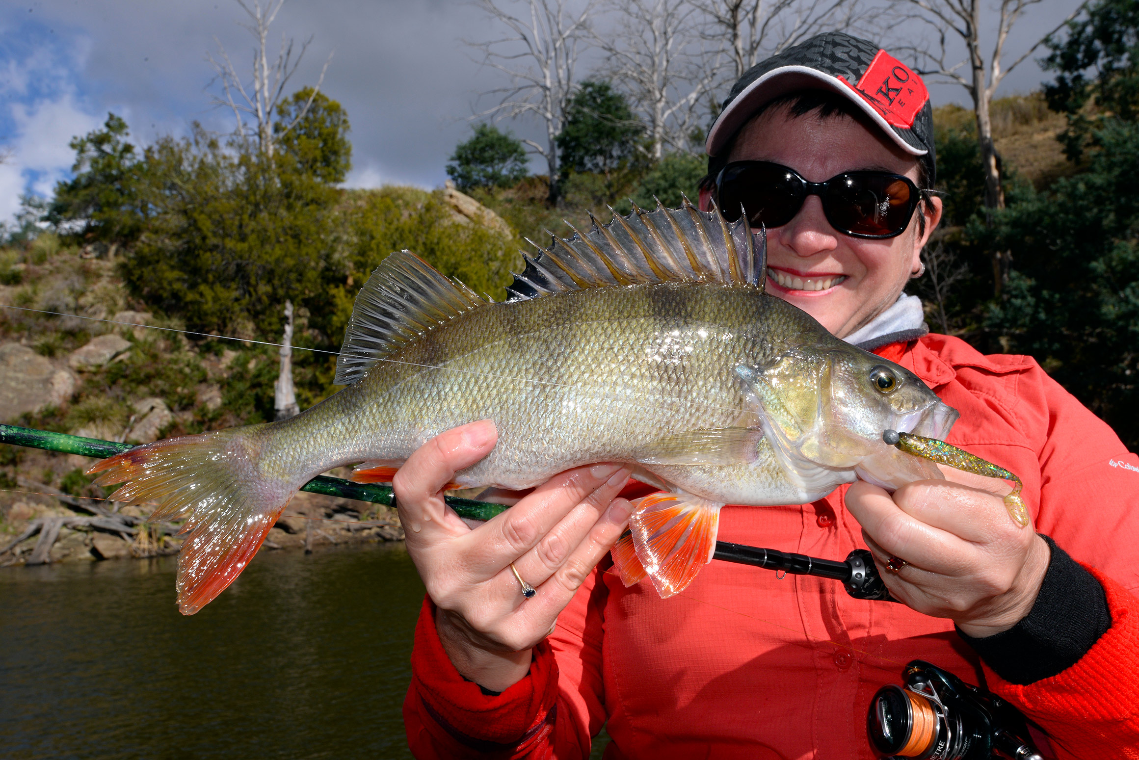 Jo with a cracking redfin perch from Craigbourne Dam. It fell for a jigged soft plastic.